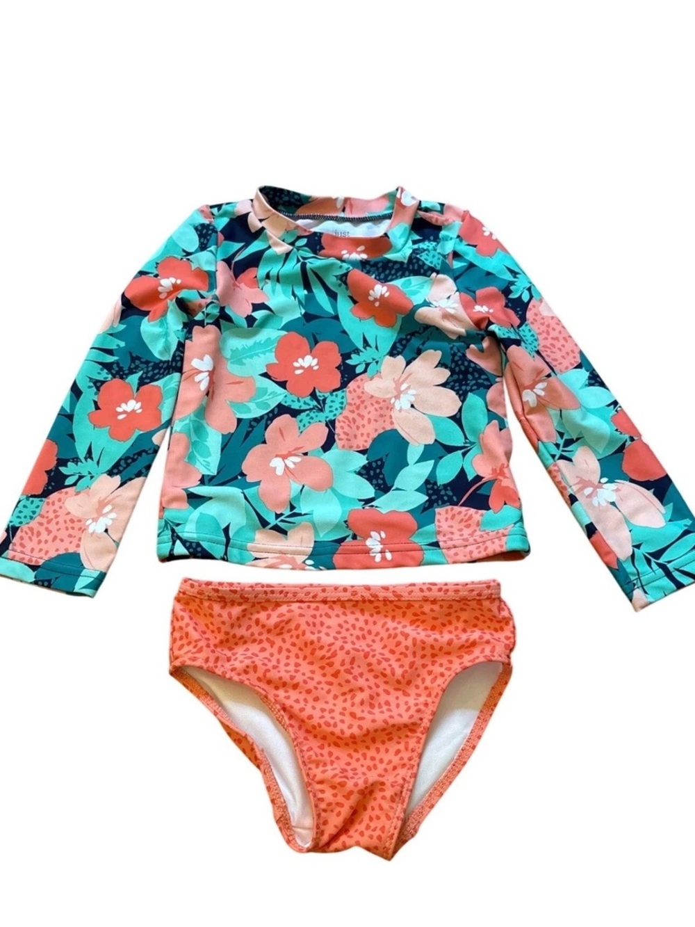 Infant Floral Long-Sleeve Rash Guard Swim Set - Coral & Teal 9 Months